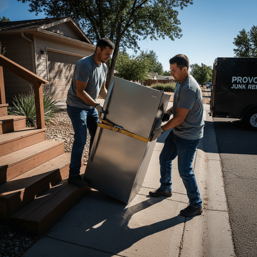 Workers removing large appliance from home