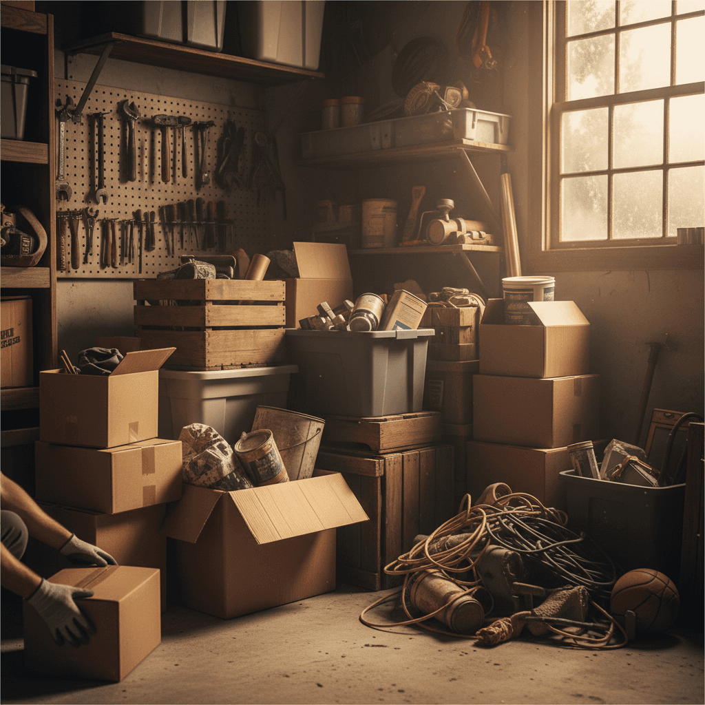 Cluttered garage ready for cleanout