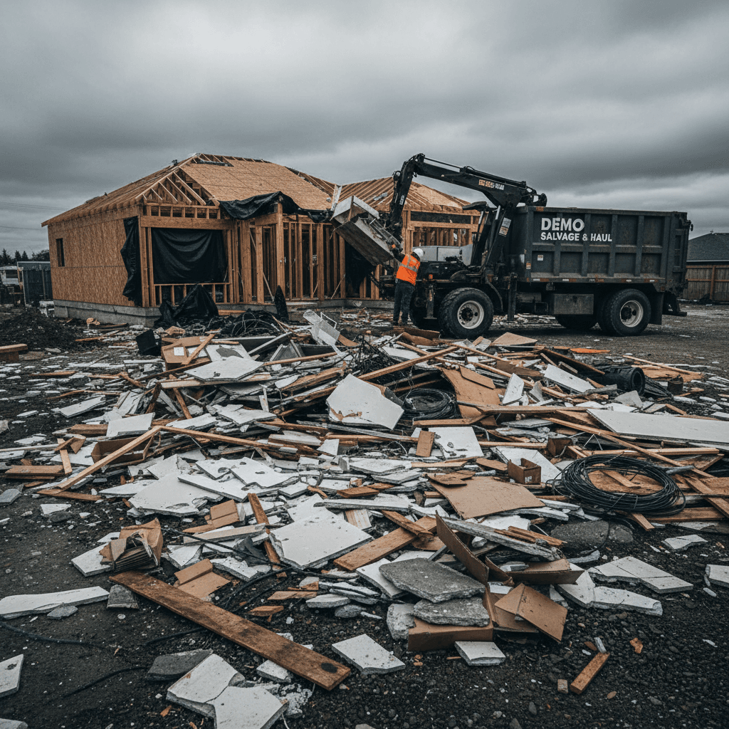 Construction debris being loaded for removal